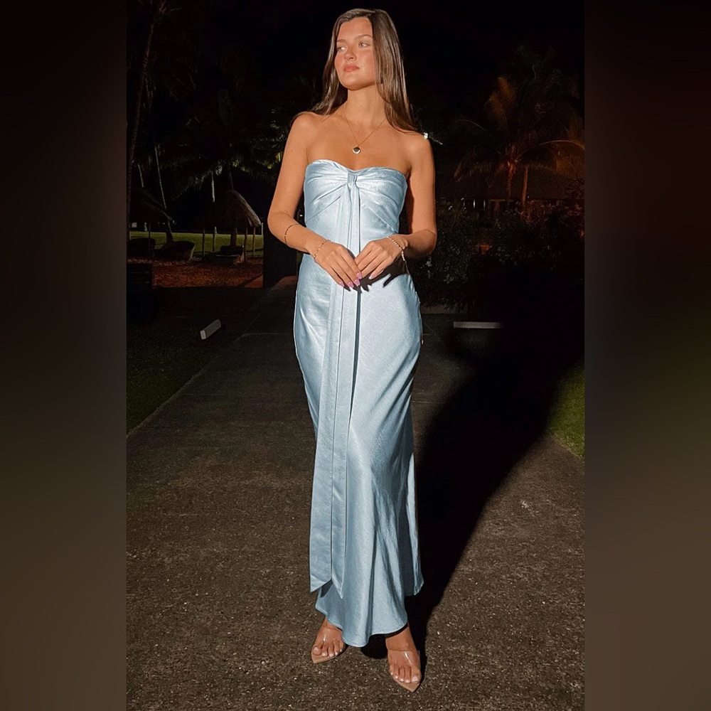 Beginning Boutique Ariella Strapless Maxi Dress - Blue Satin - 10